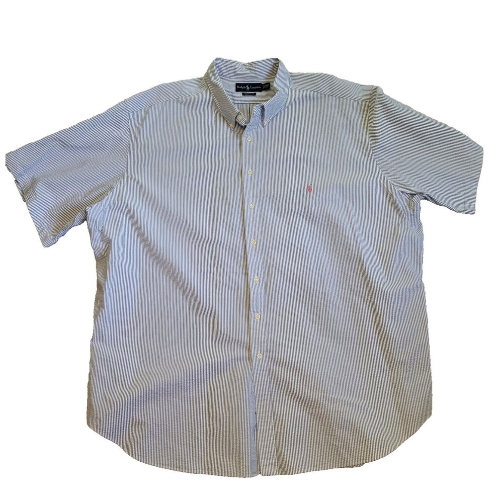 Ralph Lauren Shirt Mens XXXL Tall 3XLT Blue Striped Seersucker Short Sleeve